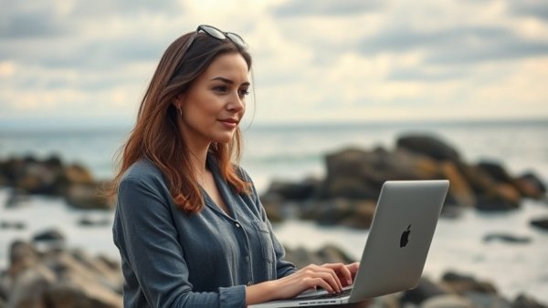 Woman working by ocean with laptop, how to make money with affiliate marketing from home