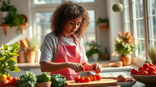 Person in pink apron preparing tomatoes in a well-lit kitchen.