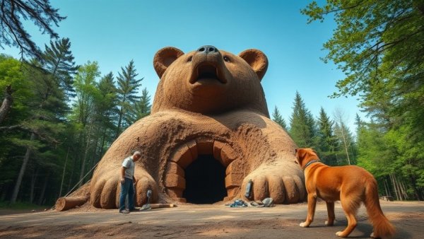 Giant bear mud structure with man and dog, sustainable construction methods in forest.