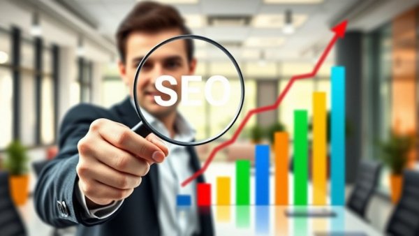 Expert search engine optimization services highlighted by professional with SEO magnifying glass and graph.