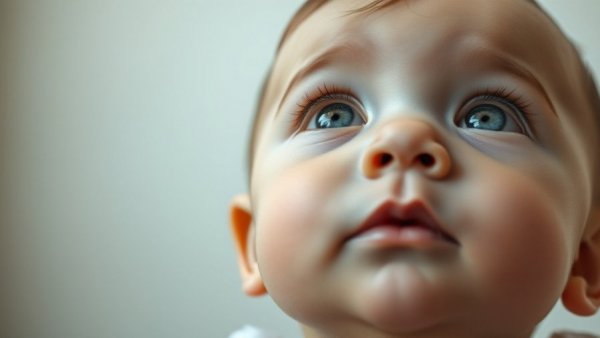Close-up of curious baby with blue eyes, exploring world, soft focus.