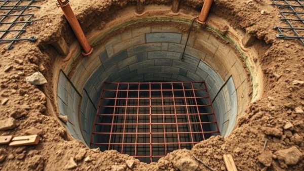 Foundation construction pit with rebar, awaiting concrete pour.