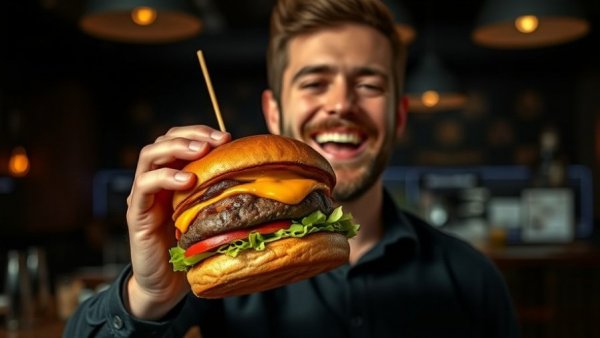 Man holding gourmet burger in London restaurant, top dining spots.