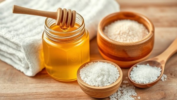 Rustic honey and salt pre-workout setup on a wooden surface.