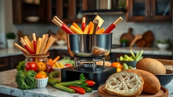 Fine dining at home with fondue setup, including fresh produce.