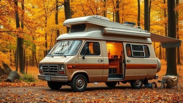 Customized camper van in autumn forest with camping setup.