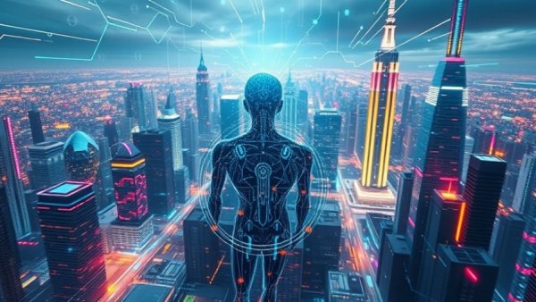 Digital landscape with AI figure analyzing data, AI Search Accuracy Challenge theme.