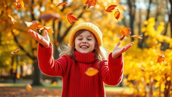 Joyful girl in autumn park tossing leaves, vibrant foliage.