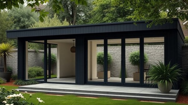 Modern multipurpose garden room with glass windows surrounded by greenery.