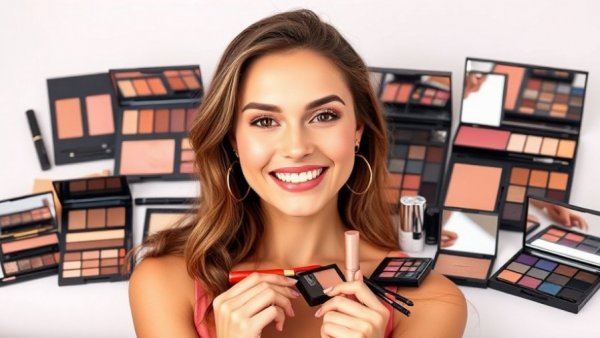 Fashion-forward woman demonstrating makeup trends 2025 in a vibrant setting.