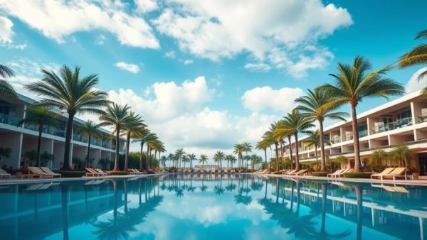 Luxury resorts Riviera Maya with modern pool and palm trees.