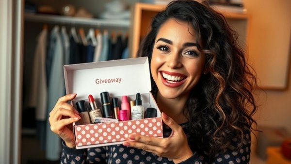 Excited woman presenting makeup skincare routine giveaway box.