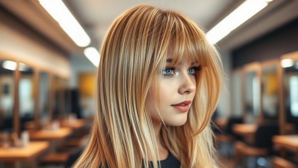 Transformation with wispy bangs for thin hair, before and after.