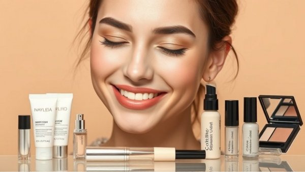 Minimal makeup routine products with woman smiling, soft lighting.