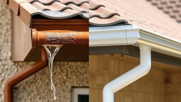 Comparison of old rusty guttering vs new aluminium upgrade, showing no leaks.