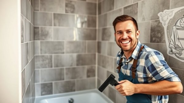 DIY shower tray installation guide showing man fitting and leveling.