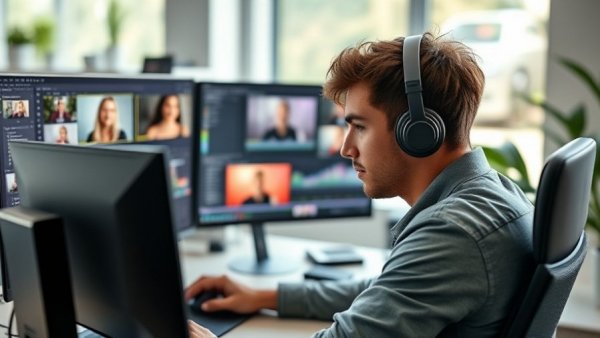 Video marketing agency professional editing videos in a modern office.