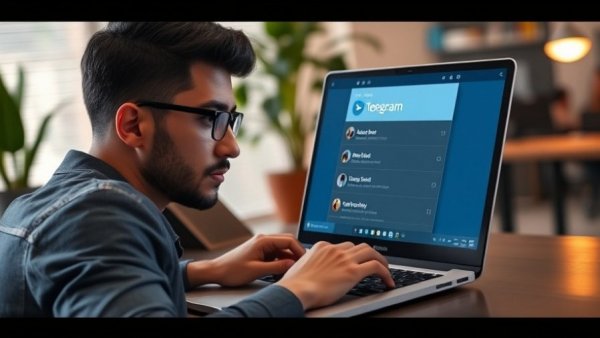 Person adding a Telegram bot to channel on laptop