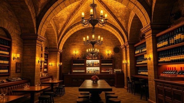 Charming rustic wine bar interior with warm lighting.