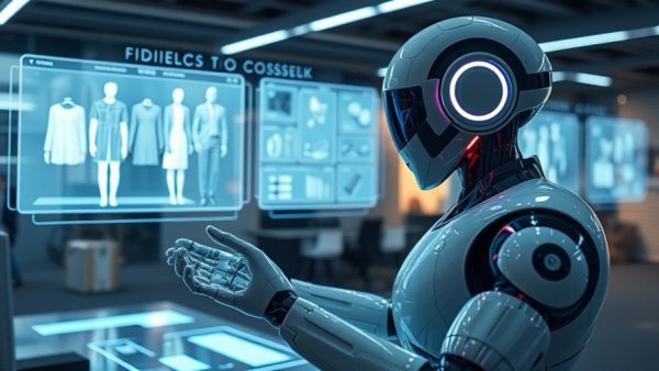 Futuristic AI robot exploring digital product displays; AI marketing strategies for business growth.