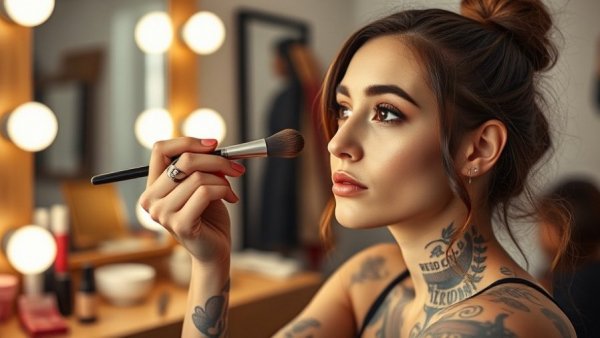 Tattooed woman applying makeup in 5-minute routine, indoor setting.