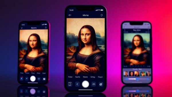 App interface showing Mona Lisa edits with vibrant features.