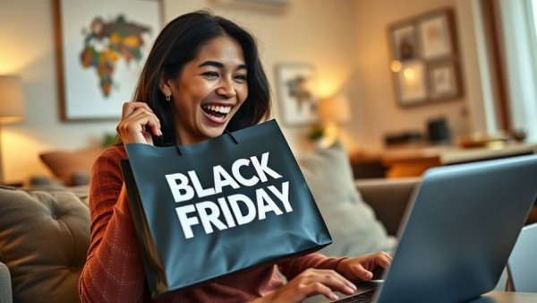 Excited woman mastering affiliate marketing at home during Black Friday.