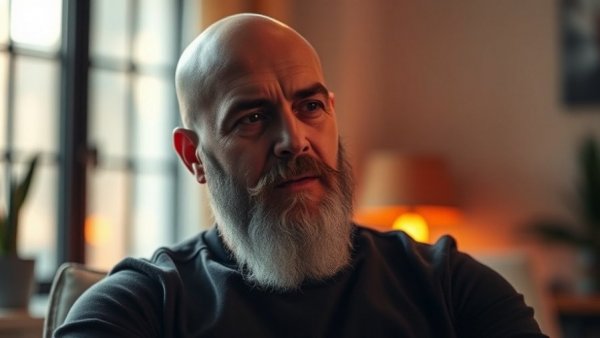 Calm bearded man discussing red light therapy in soft lighting.