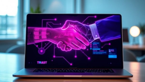 Virtual handshake on laptop screen symbolizing building digital trust.