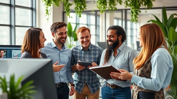 Video marketing strategy meeting in modern office setting.