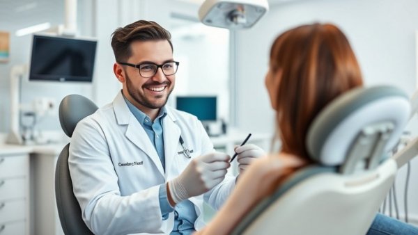 Smiling dentist explaining All-on-4 dental implants overseas.