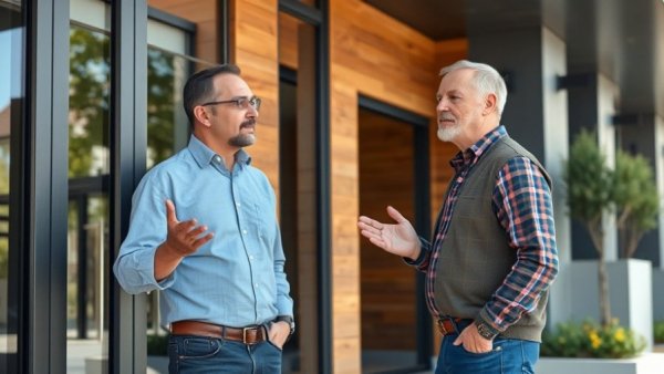 Man explaining protective coatings for buildings in front of a glass door.