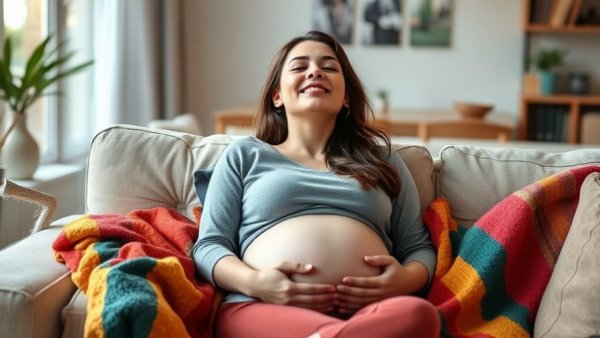 Pregnant woman resting on sofa, illustrating prenatal care comfort.