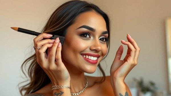 Woman sharing makeup skincare routine, featuring tattoos and elegant jewelry.