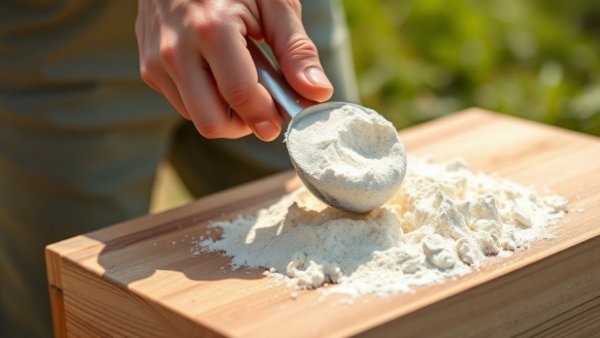 Person scooping whey protein powder in a natural setting.
