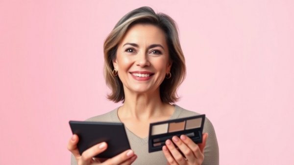Middle-aged woman holding makeup, smiling confidently, makeup tips.