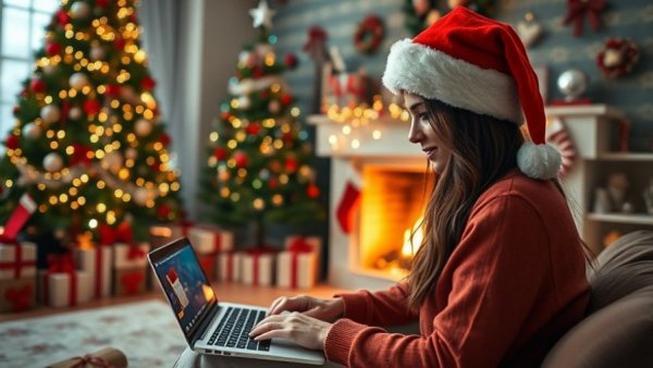 Holiday marketing strategies for affiliate marketers: online shopping by Christmas tree.