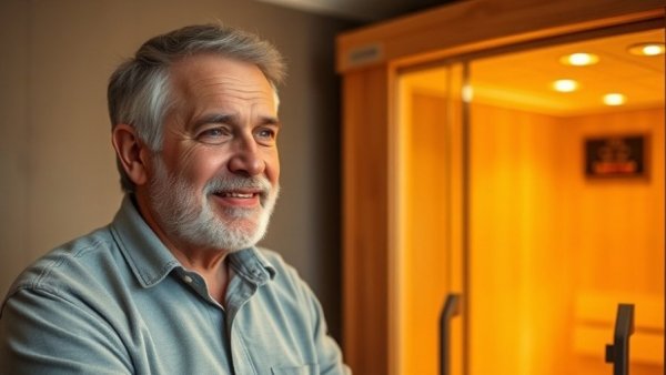 Middle-aged man discussing infrared saunas, warm lighting.