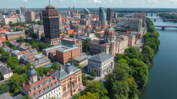 Aerial view of city with historic and modern buildings near river.