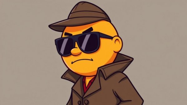 Mysterious detective emoji in trench coat, flat lighting.