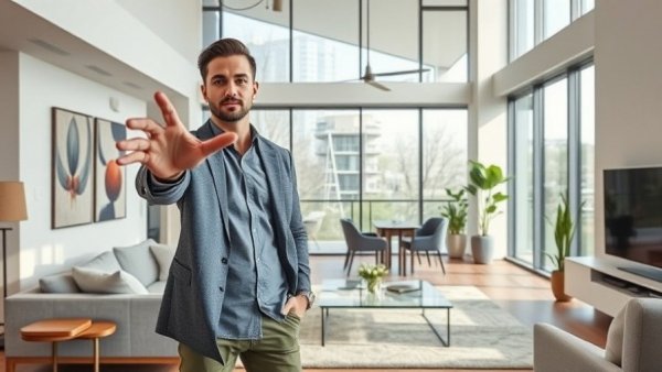 Modern living room with a casually dressed man inviting interaction, related to protective coatings for buildings.