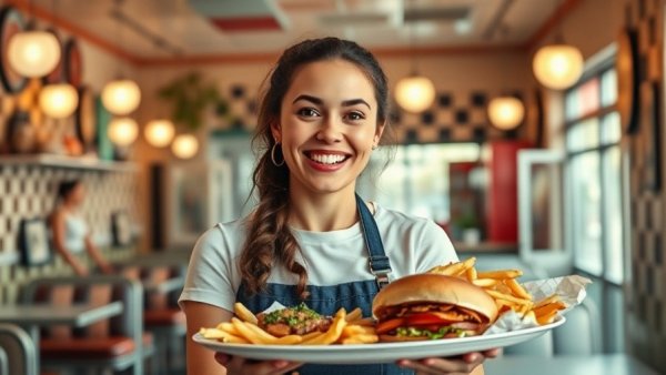 Cheerful woman at diner counter celebrating diner culture revival.