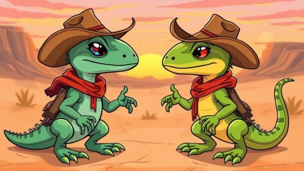 Colorful cartoon cowboy lizards in desert setting, whimsical style.