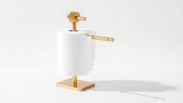 Elegant brass paper towel holder with minimalistic design on white background.