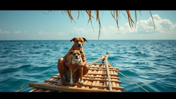 Innovative bamboo raft in ocean demonstrating sustainable construction methods.