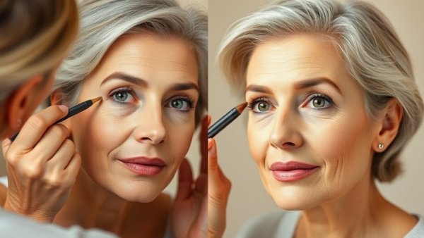 Makeup tutorials for mature skin showing before-and-after transformation.