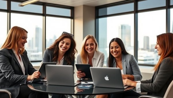 Business professionals discussing video marketing strategy in office.