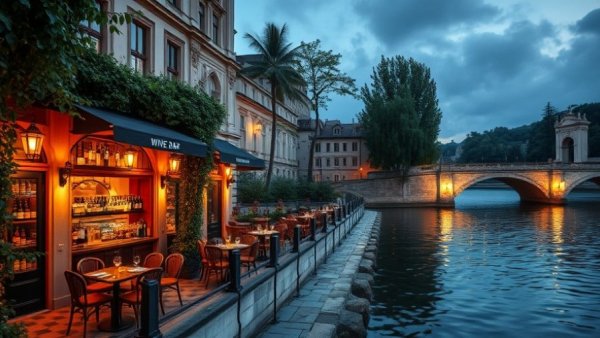 Charming riverside wine bar with classic architecture and ambient lighting