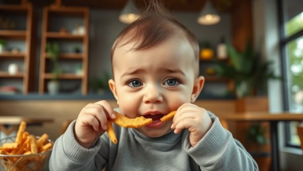 Humorous depiction of a baby grabbing snacks in a cafe setting.