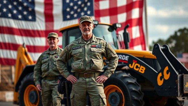 Military veterans stand with a JCB vehicle at a charity event.